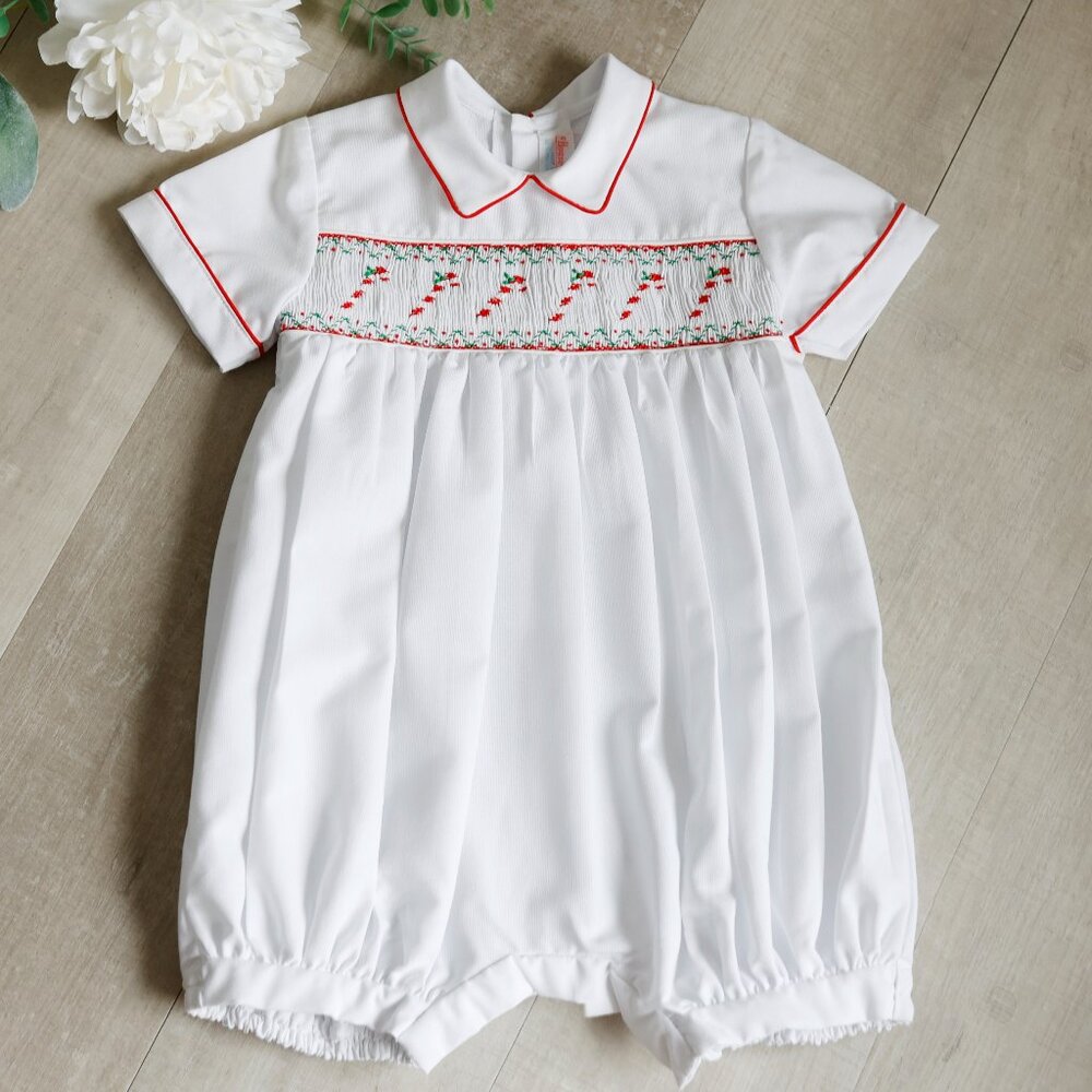 White Smocked Romper Red Trim Candy Cane Embroidery Boutique Rare Find NWOT
